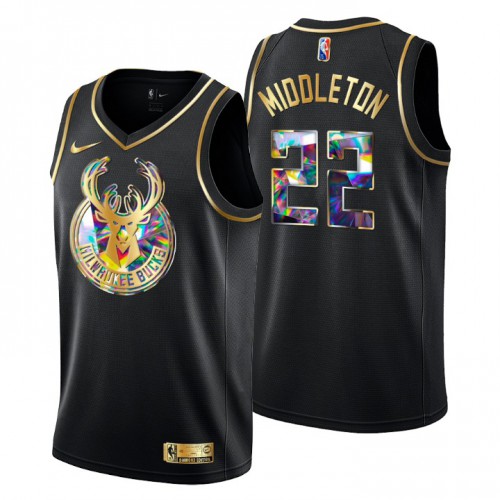 Milwaukee Milwaukee Bucks #22 Khris Middleton Mens Golden Edition Diamond Logo 2021/22 Swingman Jersey - Black Mens