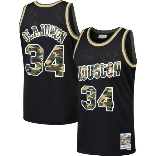 Houston Rockets #34 Hakeem Olajuwon Black Mitchell & Ness Straight Fire Camo Swingman Jersey Mens