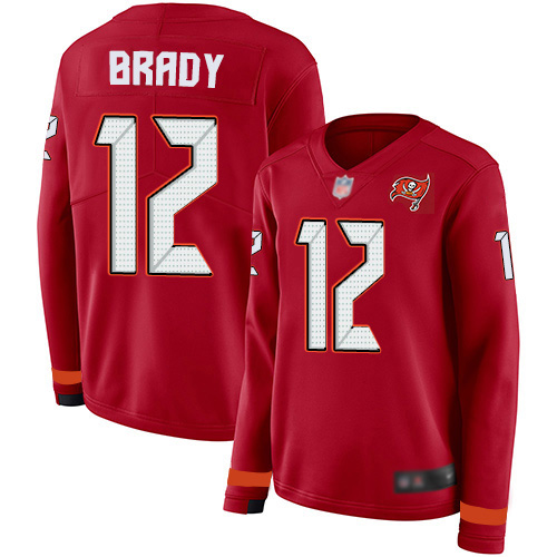 Buccaneers #12 Tom Brady Red Team Color Women's Stitched Limited Therma Long Sleeve Jersey