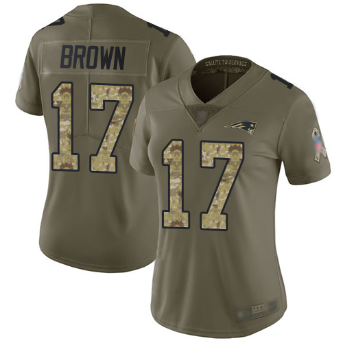 New England Patriots #17 Antonio Brown Olive/Camo Women's Stitched Limited 2017 Salute to Service Jersey Womens