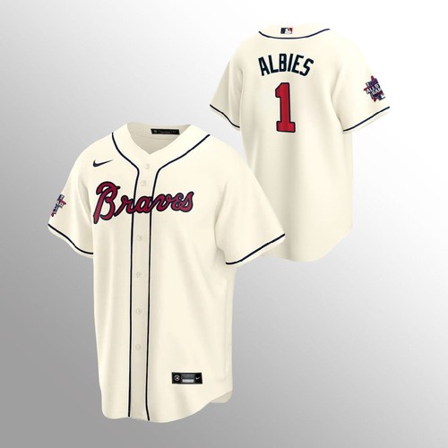 Atlanta Atlanta Braves #1 Ozzie Albies Men's 150th Anniversary 2021 World Series Game Jersey - Cream Men's