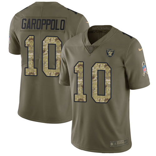Raiders #10 Jimmy Garoppolo Olive Camo Youth Stitched Limited 2017 Salute To Service Jersey