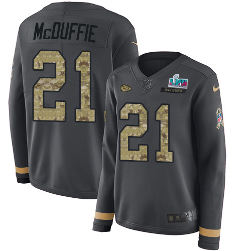 Chiefs #21 Trent McDuffie Anthracite Salute To Service Super Bowl LVII Patch Women's Stitched Limited Therma Long Sleeve Jersey