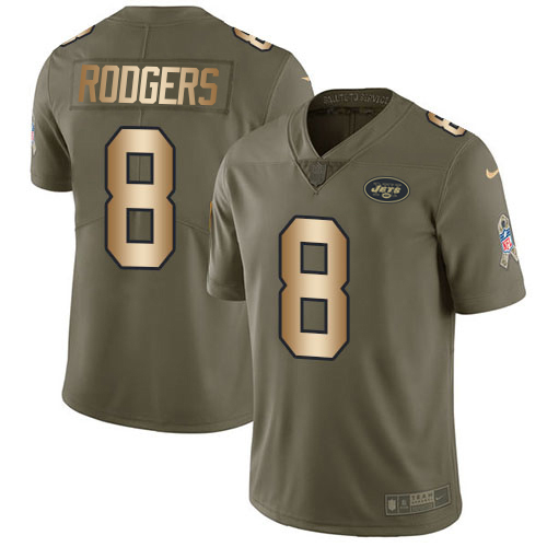 Jets #8 Aaron Rodgers Olive/Gold Men's Stitched Limited 2017 Salute To Service Jersey