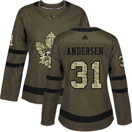 Adidas Maple Toronto Maple Leafs #31 Frederik Andersen Green Salute to Service Women's Stitched Jersey Womens