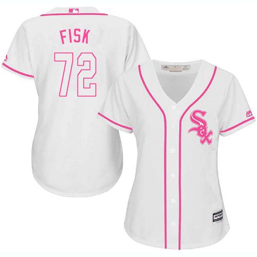 Chicago White Sox #72 Carlton Fisk White/Pink Fashion Women's Stitched Jersey Womens