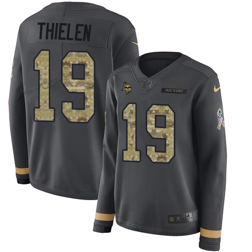 Vikings #19 Adam Thielen Anthracite Salute To Service Women's Stitched Limited Therma Long Sleeve Jersey
