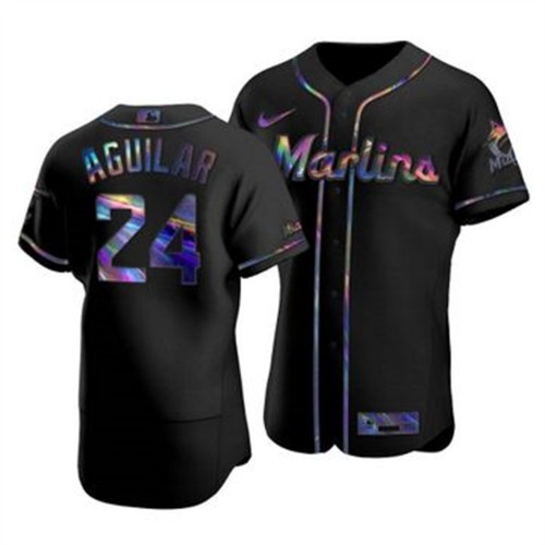 Miami Miami Marlins #24 Jesus Aguilar Men's Iridescent Holographic Collection Jersey - Black Men's