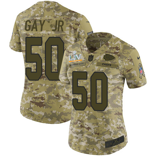 Kansas City Chiefs #50 Willie Gay Jr. Camo Women's Super Bowl LV Bound Stitched Limited 2018 Salute To Service Jersey Womens