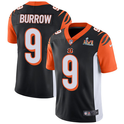 Bengals #9 Joe Burrow Black Team Color Super Bowl LVI Patch Youth Stitched Vapor Untouchable Limited Jersey