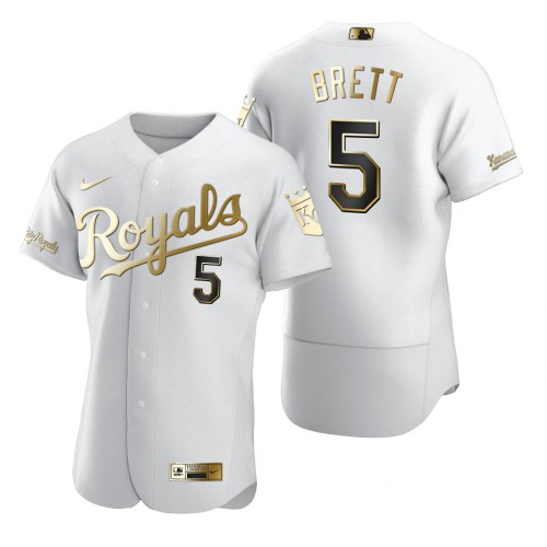 Kansas City Kansas City Royals #5 George Brett White Men's Authentic Golden Edition Jersey Men's