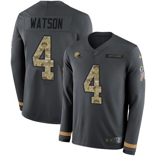 Browns #4 Deshaun Watson Anthracite Salute To Service Men's Stitched Limited Therma Long Sleeve Jersey
