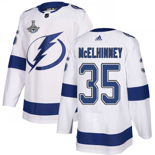 Adidas Tampa Bay Lightning #35 Curtis McElhinney White Road Authentic 2020 Stanley Cup Champions Stitched Jersey Men's