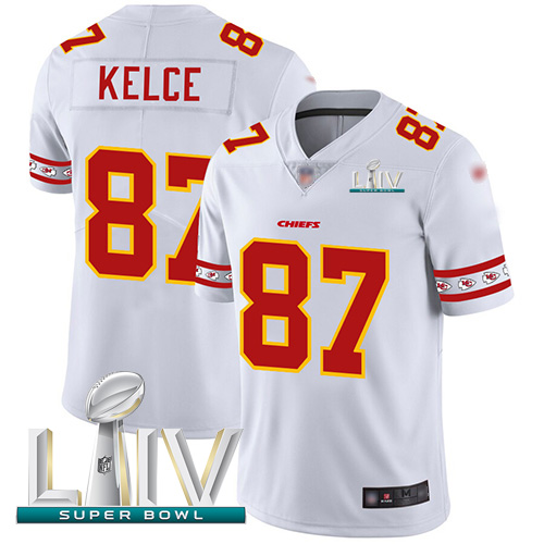 Chiefs #87 Travis Kelce White Super Bowl LIV 2020 Men's Stitched Limited Team Logo Fashion Jersey