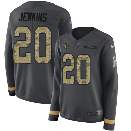 New Orleans Saints #20 Janoris Jenkins Anthracite Salute to Service Women's Stitched Limited Therma Long Sleeve Jersey Womens