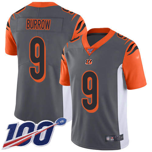Bengals #9 Joe Burrow Silver Men's Stitched Limited Inverted Legend 100th Season Jersey