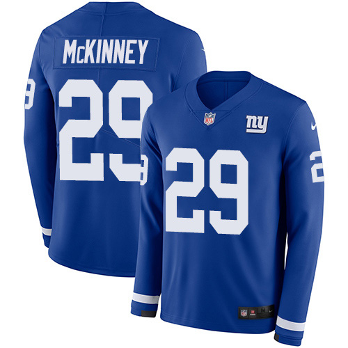 New York Giants #29 Xavier McKinney Royal Blue Team Color Men's Stitched Limited Therma Long Sleeve Jersey Men's