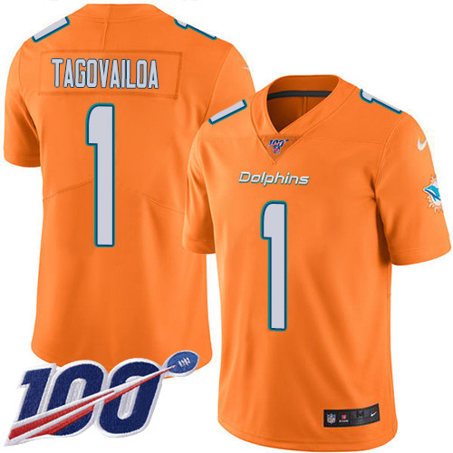 Dolphins #1 Tua Tagovailoa Orange Youth Stitched Limited Rush 100th Season Jersey