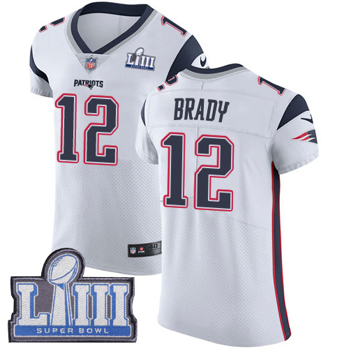Patriots #12 Tom Brady White Super Bowl LIII Bound Men's Stitched Vapor Untouchable Elite Jersey
