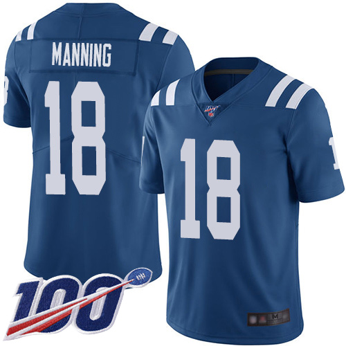 Indianapolis Colts #18 Peyton Manning Royal Blue Team Color Men's Stitched 100th Season Vapor Limited Jersey Men's