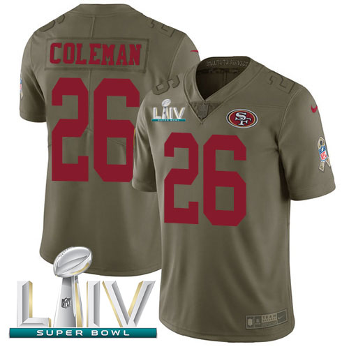 San Francisco 49ers #26 Tevin Coleman Olive Super Bowl LIV 2020 Men's Stitched Limited 2017 Salute To Service Jersey Men's