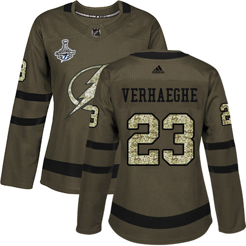 Adidas Tampa Bay Lightning #23 Carter Verhaeghe Green Salute to Service Women's 2020 Stanley Cup Champions Stitched Jersey Womens