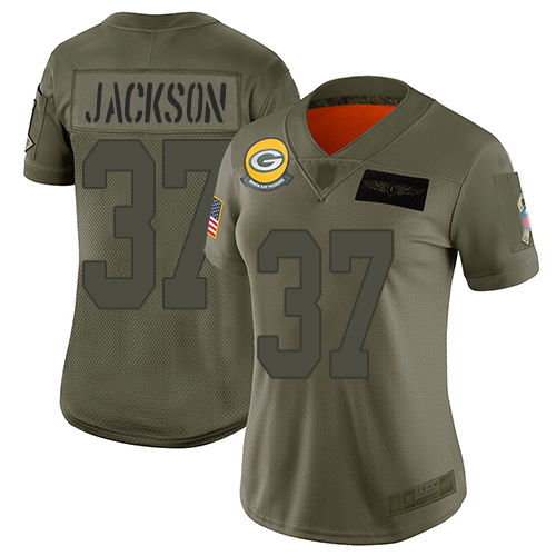 Green Bay Packers #37 Josh Jackson Camo Women's Stitched Limited 2019 Salute to Service Jersey Womens