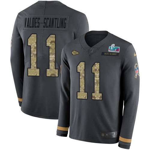 Chiefs #11 Marquez Valdes-Scantling Anthracite Salute To Service Super Bowl LVII Patch Youth Stitched Limited Therma Long Sleeve Jersey