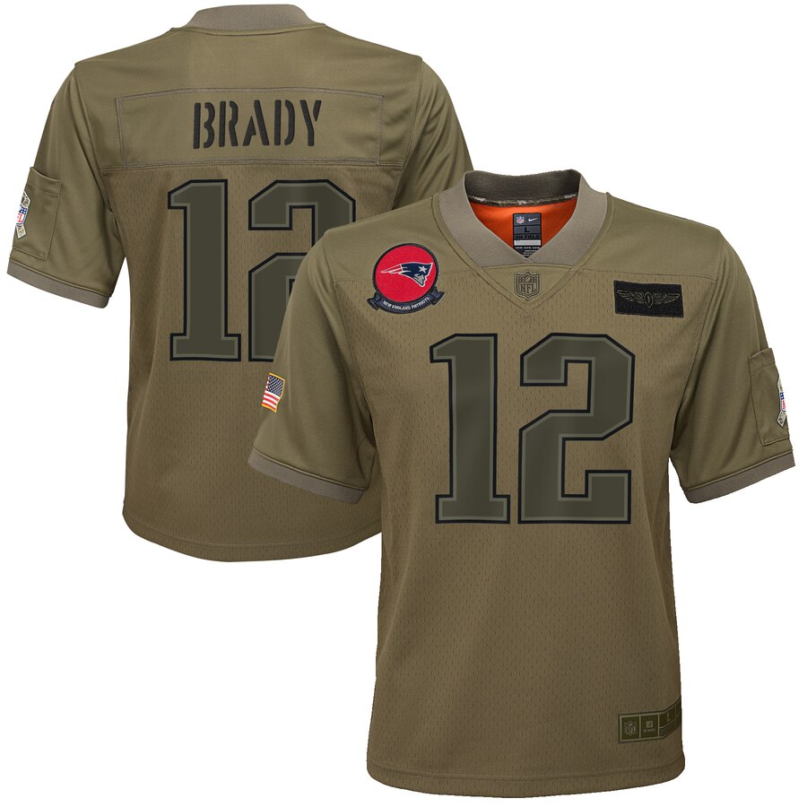 Youth New England Patriots #12 Tom Brady Camo 2019 Salute To Service Game Jersey