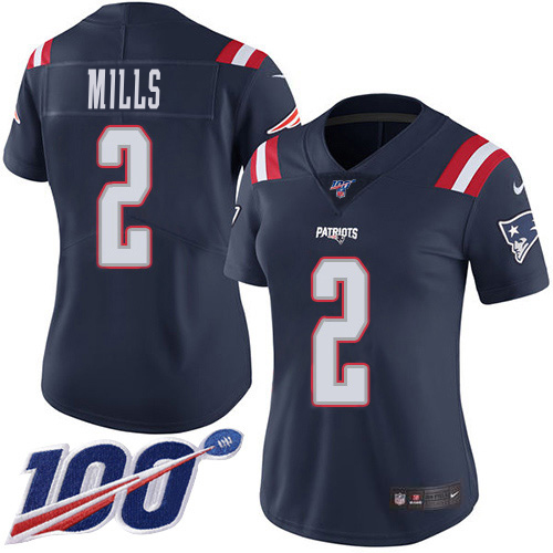 Patriots #2 Jalen Mills Navy Blue Women's Stitched Limited Rush 100th Season Jersey