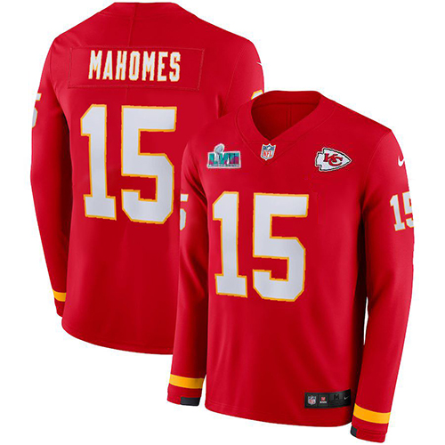 Chiefs #15 Patrick Mahomes Red Team Color Super Bowl LVII Patch Youth Stitched Limited Therma Long Sleeve Jersey