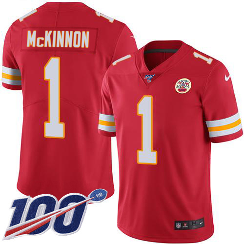 Chiefs #1 Jerick McKinnon Red Team Color Youth Stitched 100th Season Vapor Limited Jersey