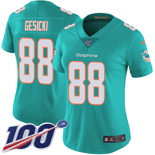 Dolphins #88 Mike Gesicki Aqua Green Team Color Women's Stitched 100th Season Vapor Untouchable Limited Jersey
