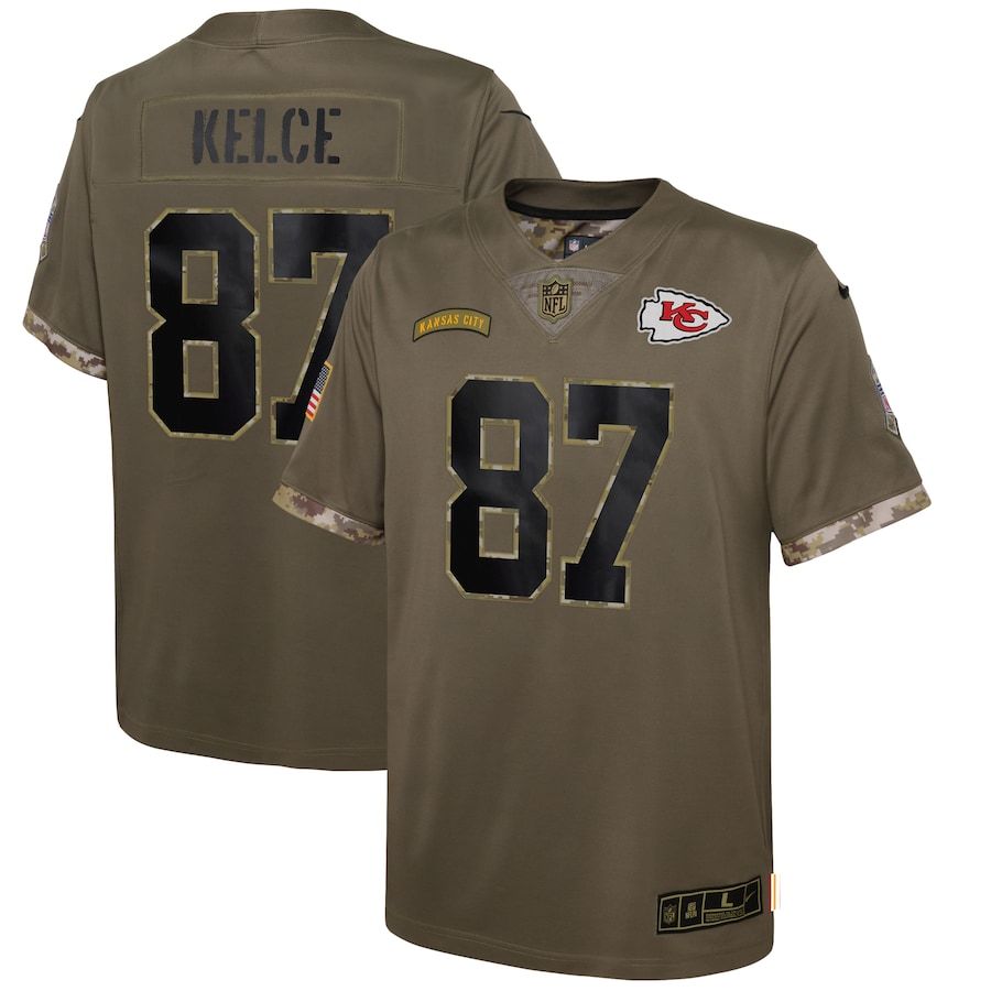Kansas City Chiefs #87 Travis Kelce Youth 2022 Salute To Service Limited Jersey - Olive