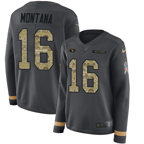 49ers #16 Joe Montana Anthracite Salute To Service Women's Stitched Limited Therma Long Sleeve Jersey