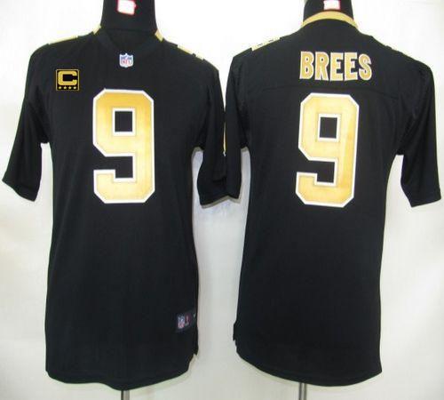 Saints #9 Drew Brees Black Team Color With C Patch Youth Stitched Elite Jersey