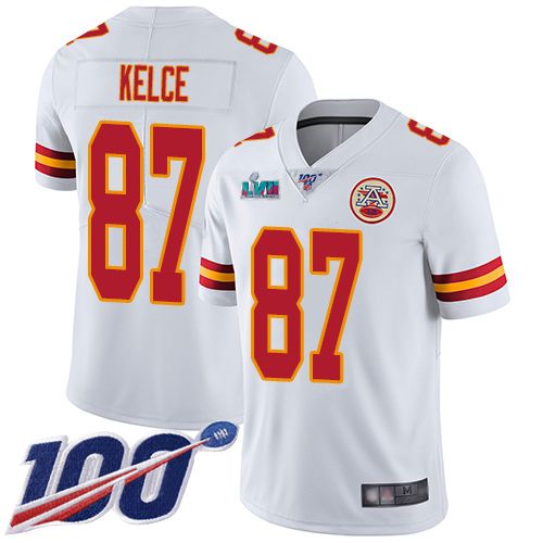 Chiefs #87 Travis Kelce White Super Bowl LVII Patch Youth Stitched 100th Season Vapor Limited Jersey