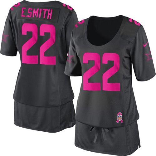 Cowboys #22 Emmitt Smith Dark Grey Women's Breast Cancer Awareness Stitched Elite Jersey