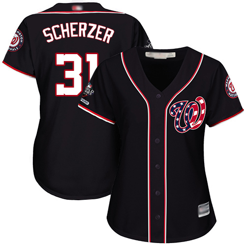 Washington Nationals #31 Max Scherzer Navy Blue Alternate 2019 World Series Champions Women's Stitched Jersey Womens