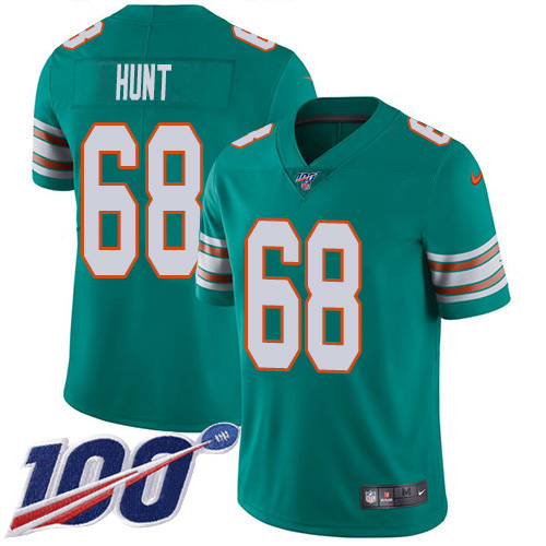 Miami Dolphins #68 Robert Hunt Aqua Green Alternate Youth Stitched 100th Season Vapor Untouchable Limited Jersey Youth