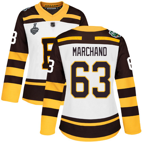 Adidas Boston Bruins #63 Brad Marchand White Authentic 2019 Winter Classic Stanley Cup Final Bound Women's Stitched Jersey Womens