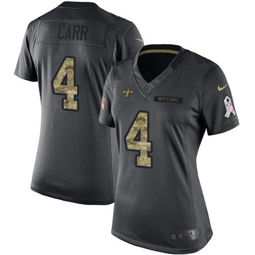 Saints #4 Derek Carr Black Women's Stitched Limited 2016 Salute To Service Jersey