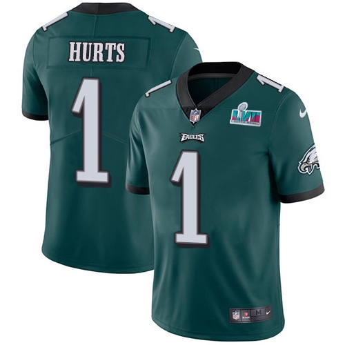 Eagles #1 Jalen Hurts Green Team Color Super Bowl LVII Patch Men's Stitched Vapor Untouchable Limited Jersey