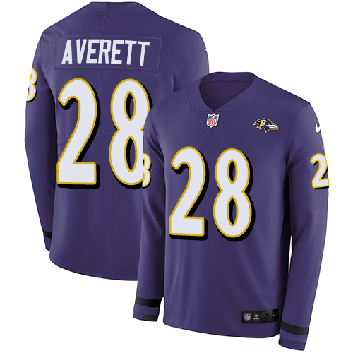 Baltimore Ravens #28 Anthony Averett Purple Team Color Men's Stitched Limited Therma Long Sleeve Jersey Men's
