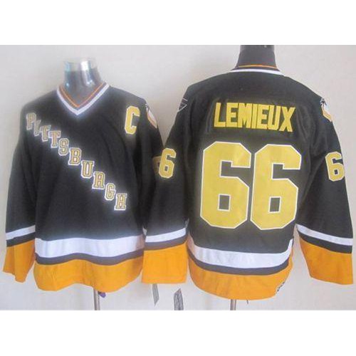 Pittsburgh Penguins #66 Mario Lemieux Black/Yellow CCM Throwback Stitched Jersey Men's