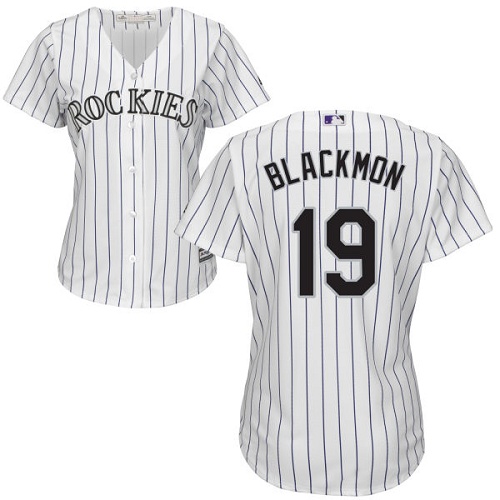 Colorado Rockies #19 Charlie Blackmon White Strip Home Women's Stitched Jersey Womens