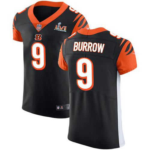Bengals #9 Joe Burrow Black Team Color Super Bowl LVI Patch Men's Stitched Vapor Untouchable Elite Jersey
