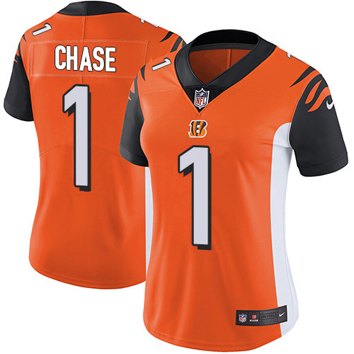 Bengals #1 Ja'Marr Chase Orange Alternate Women's Stitched Vapor Untouchable Limited Jersey