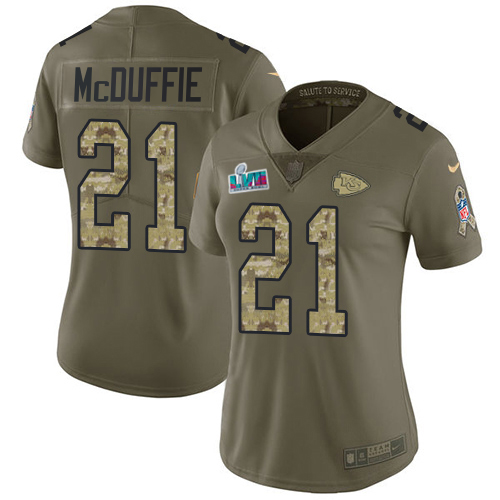Chiefs #21 Trent McDuffie Olive/Camo Super Bowl LVII Patch Women's Stitched Limited 2017 Salute To Service Jersey
