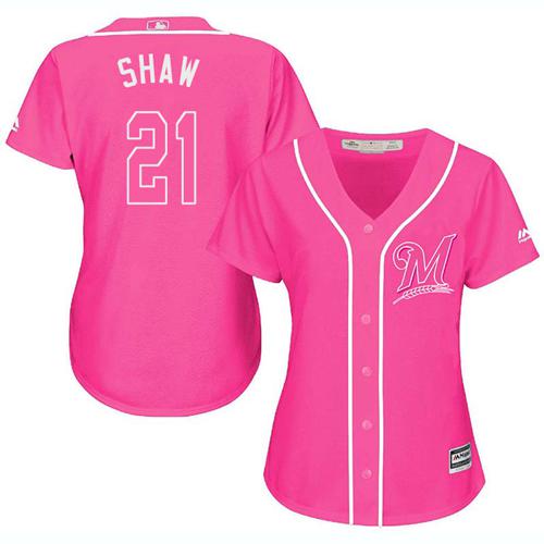 Milwaukee Brewers #21 Travis Shaw Pink Fashion Women's Stitched Jersey Womens